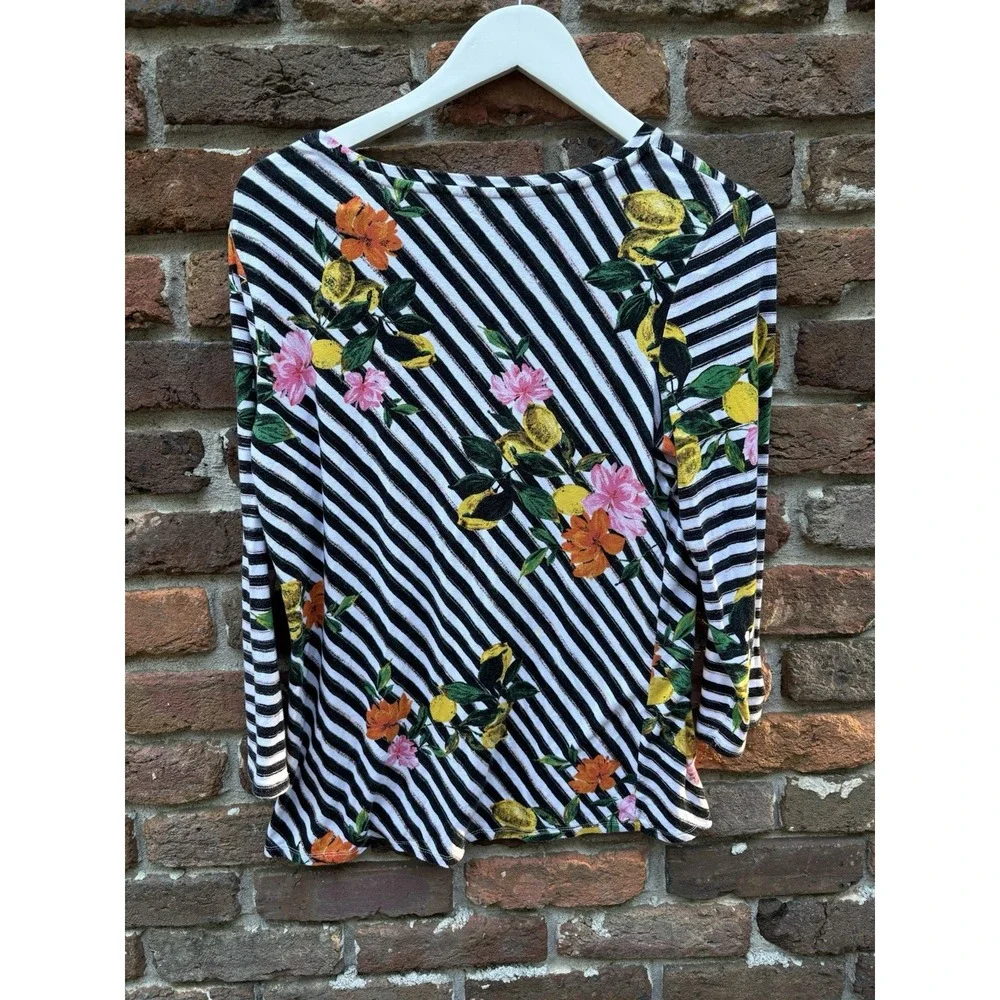 Investments Essentials Petites ‎ Size L  3/4 Sleeve Blouse Top lemons stripes